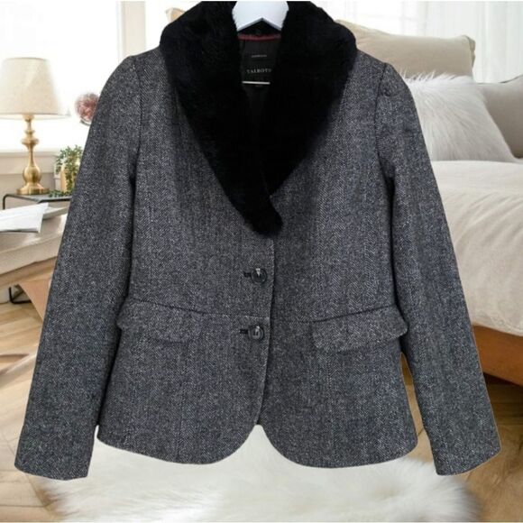 TALBOTS ABERDEEN SHETLAND WOOL  HERRINGBONE TAILORED BLAZER FAUX FUR TRIM SZ 8 - Picture 6 of 15